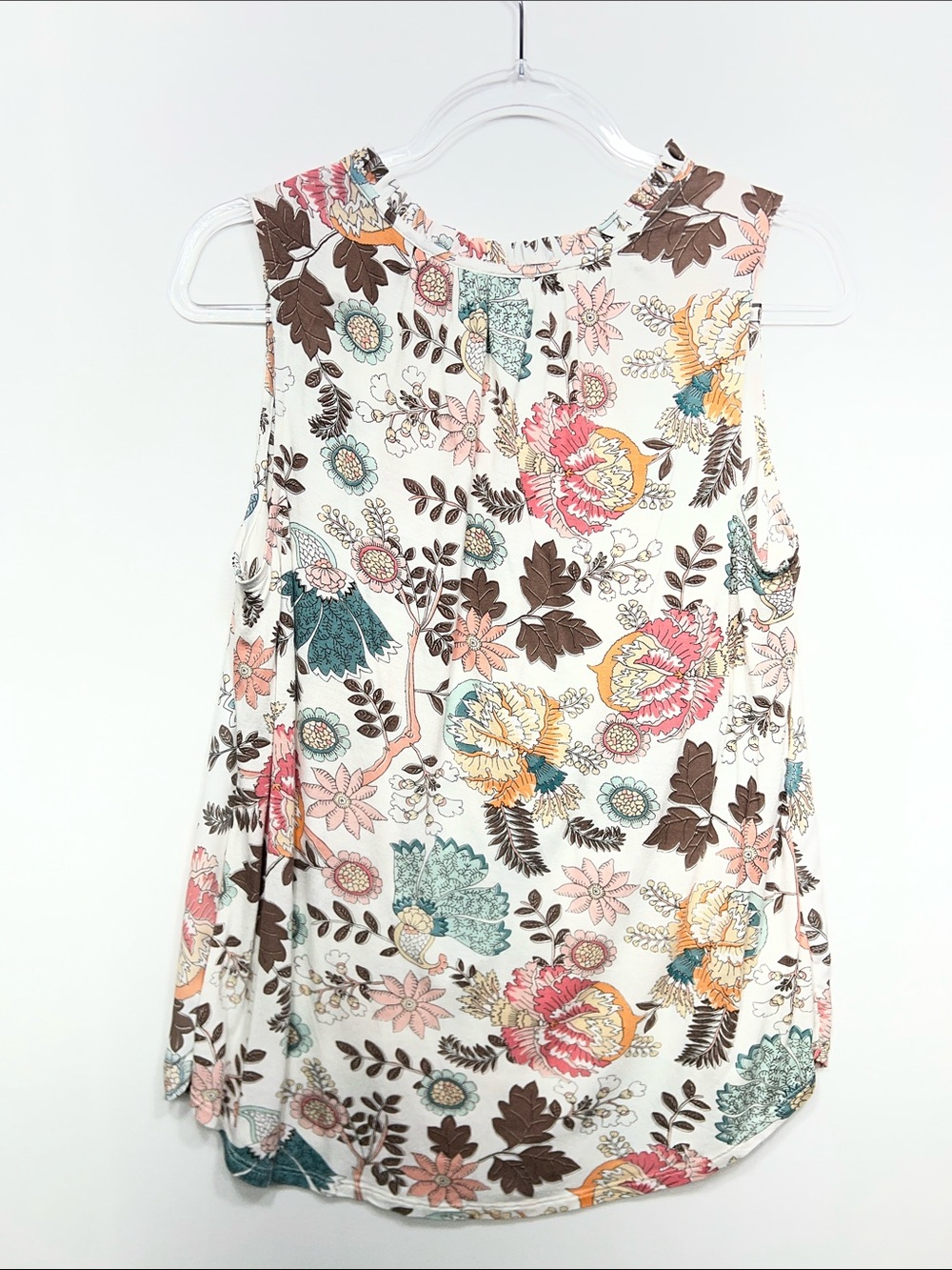 LOFT Floral Tie-Neck Sleeveless Camisole Blouse with Blue, Pink & Brown Accents - Picture 5 of 7